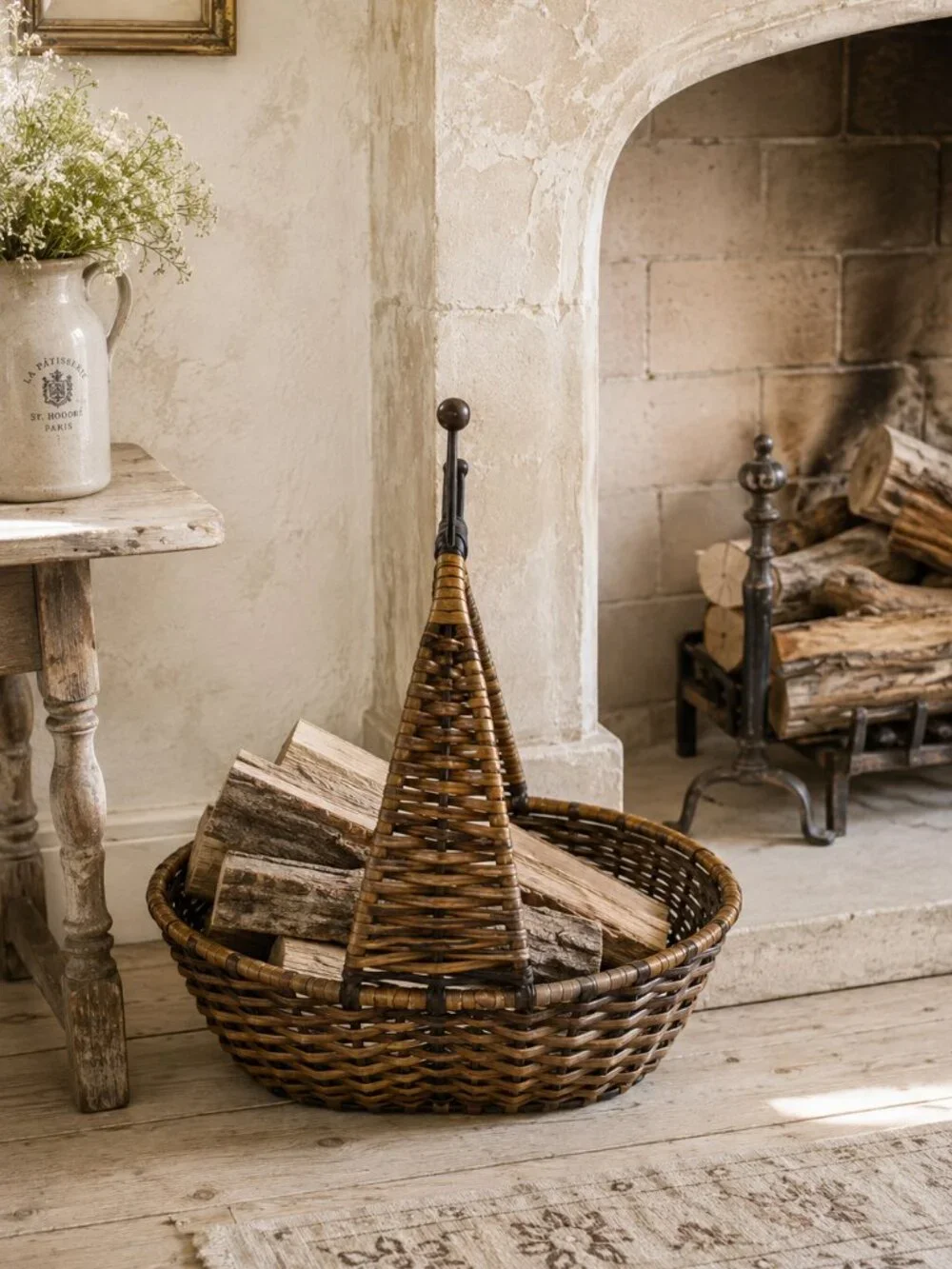 Vintage Woven Wicker & Metal Hanging Wall Basket with Sculptural Handle